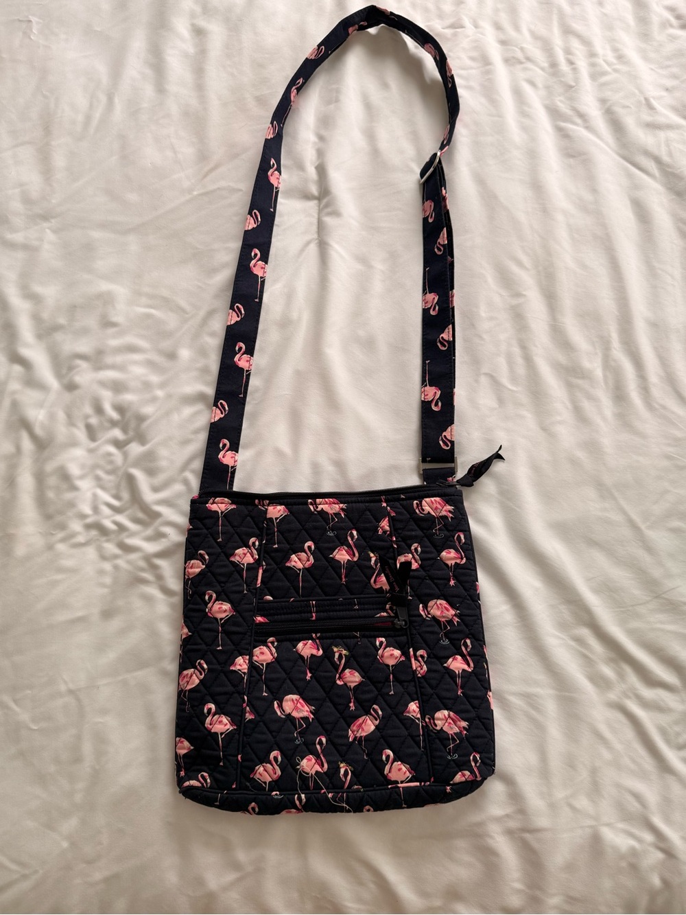 Vera Bradley Navy Quilted Crossbody with Pink Flamingo Print